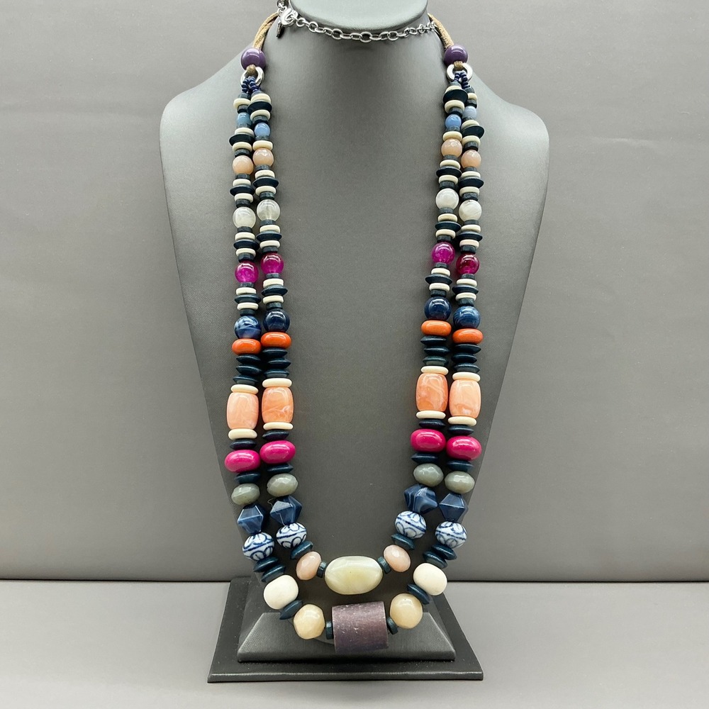 Chico's Necklace Multicolor Beaded Multi Strand Faux Suede Cord Boho Statement